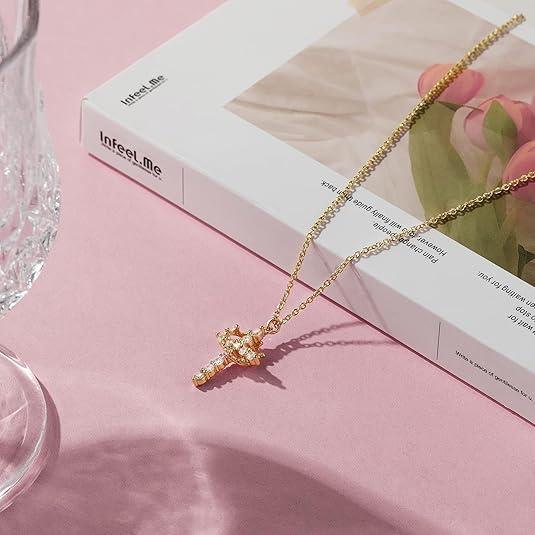 Dainty Crown Cross Pendant Necklace