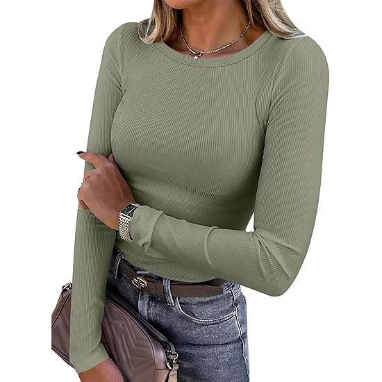 T-shirt basique � manches longues et col rond en maille c�tel�e pour femme