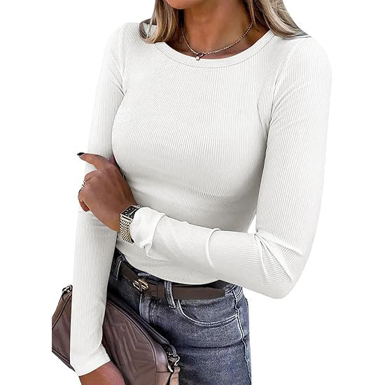 T-shirt basique � manches longues et col rond en maille c�tel�e pour femme