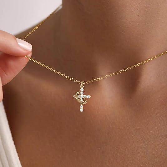 Dainty Crown Cross Pendant Necklace